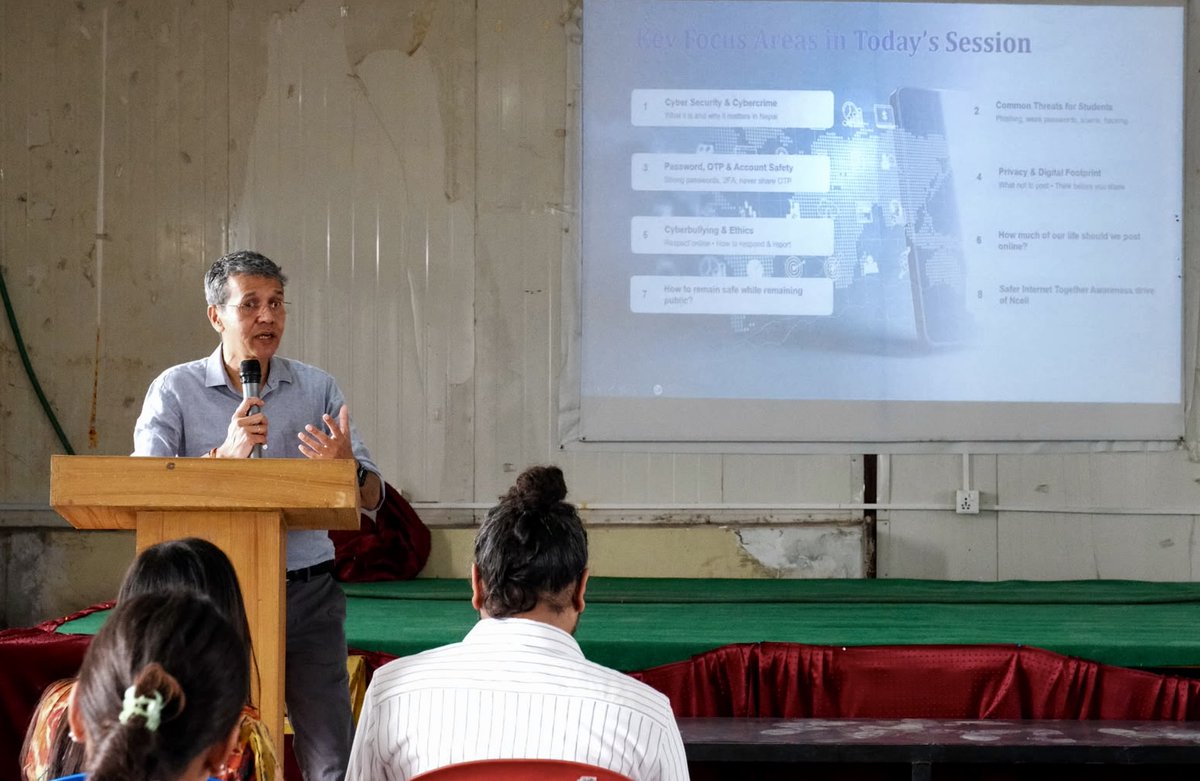 ncellfoundation's tweet photo. Giving continuity to our #SaferInternetTogether initiative, Ncell Foundation team engaged with 100+ students at Brightland College, Nepalgunj, on digital safety, cybersecurity, online risks, digital identities and responsible digital practices. https://t.co/Mxiksc13Dx