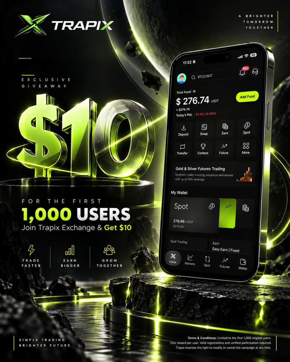 TrapixExchange's tweet photo. 🎁 $10 GIVEAWAY FIRST 1,000 ELIGIBLE USERS!

Join the TRAPIX Exchange and get rewarded by completing these simple steps:

How to Participate 👇

✅ Sign up on TRAPIX Exchange
✅ Follow us on Twitter/X
✅ Like this post
✅ Repost this post
✅ Comment “TRAPIX”

🎉 Complete all steps and receive $10 in your registered TRAPIX account.

📩 Verification:
After completing all steps, comment your registered email address below this post so we can verify your participation and process your reward.

⚡ LIMITED TO THE FIRST 1,000 ELIGIBLE USERS!
Don’t wait get in early and claim your $10. 💚

TRAPIX EXCHANGE
 Trade. Earn. Grow.

#TRAPIX #TRAPIXExchange #Giveaway #CryptoGiveaway #Crypto #CryptoTrading