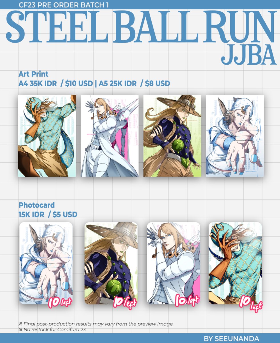 seeunandaaa's tweet photo. 🩷🔄 are very appriciated! 

My JJBA Steel Ball Run Catalog for #CF23 Pre Order Batch 1

🗓️ until 30 Sep
📦 Pick Up Both Days/ Mail/ International Ship
🐉 JoJo BIzzare Adventure Steel Ball Run

Pre Order Link on Bio!

#cf23catalog #cf23catalogue #comifuro23 #sbr https://t.co/4ddgq6v7Zg