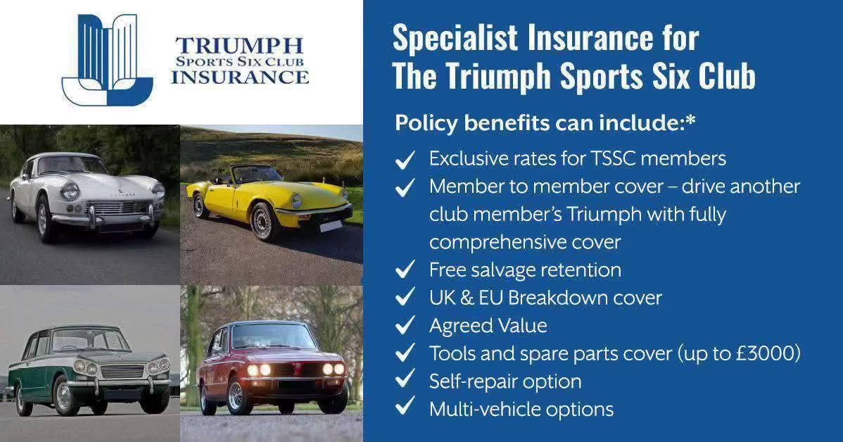 TriumphSSixClub's tweet photo. Do you know that the TSSC Insurance cover provided by Peter James insurance can include..
Exclusive rates for TSSC Members
Agreed Value
Free Salvage Retention
UK & EU Breakdown Cover
Find out more https://t.co/OSFGmhFCbL
or call 0121 274 5348 to get a quote today
#TSSC #Triumph https://t.co/3hHxE6cw6r