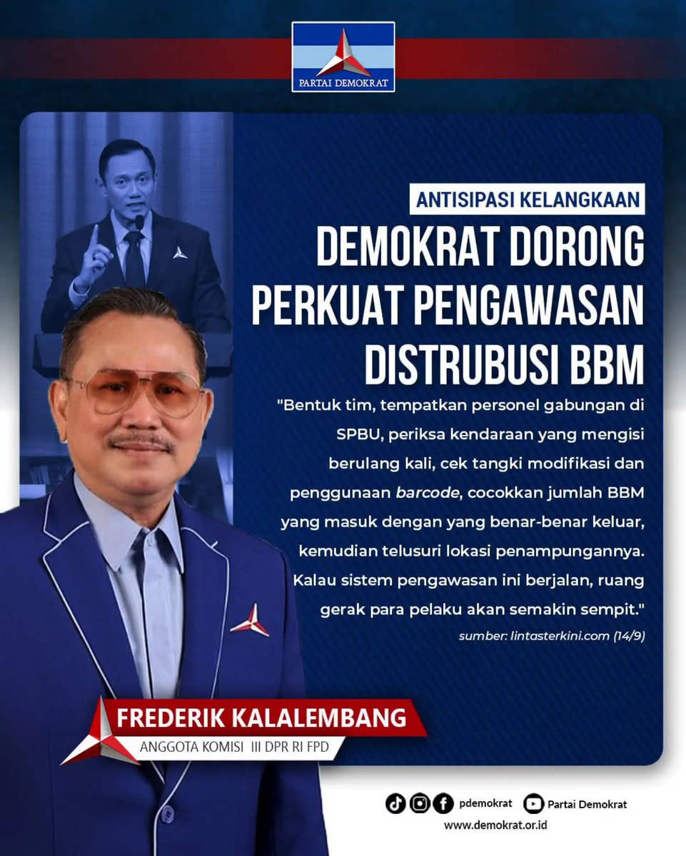 DPCDemokratLA's tweet photo. "Periksa kendaraan yang mengisi berulang kali, cek tangki modifikasi dan penggunaan barcode, cocokkan jumlah BBM yang masuk dengan yang benar-benar keluar, Kalau sistem pengawasan ini berjalan, ruang gerak para pelaku akan semakin sempit." - Frederik Kalalembang - https://t.co/U7n7jbh1HW