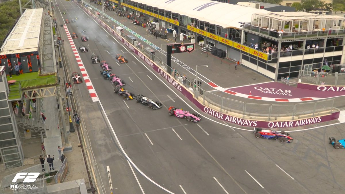 Formula2's tweet photo. CHAOS ON THE RESTART! 😵‍💫💥

Multiple cars off after a frantic start to the final lap of the Sprint... 🫣

#F2 #AzerbaijanGP | LAP 21/21 https://t.co/aCE9KQNdmv