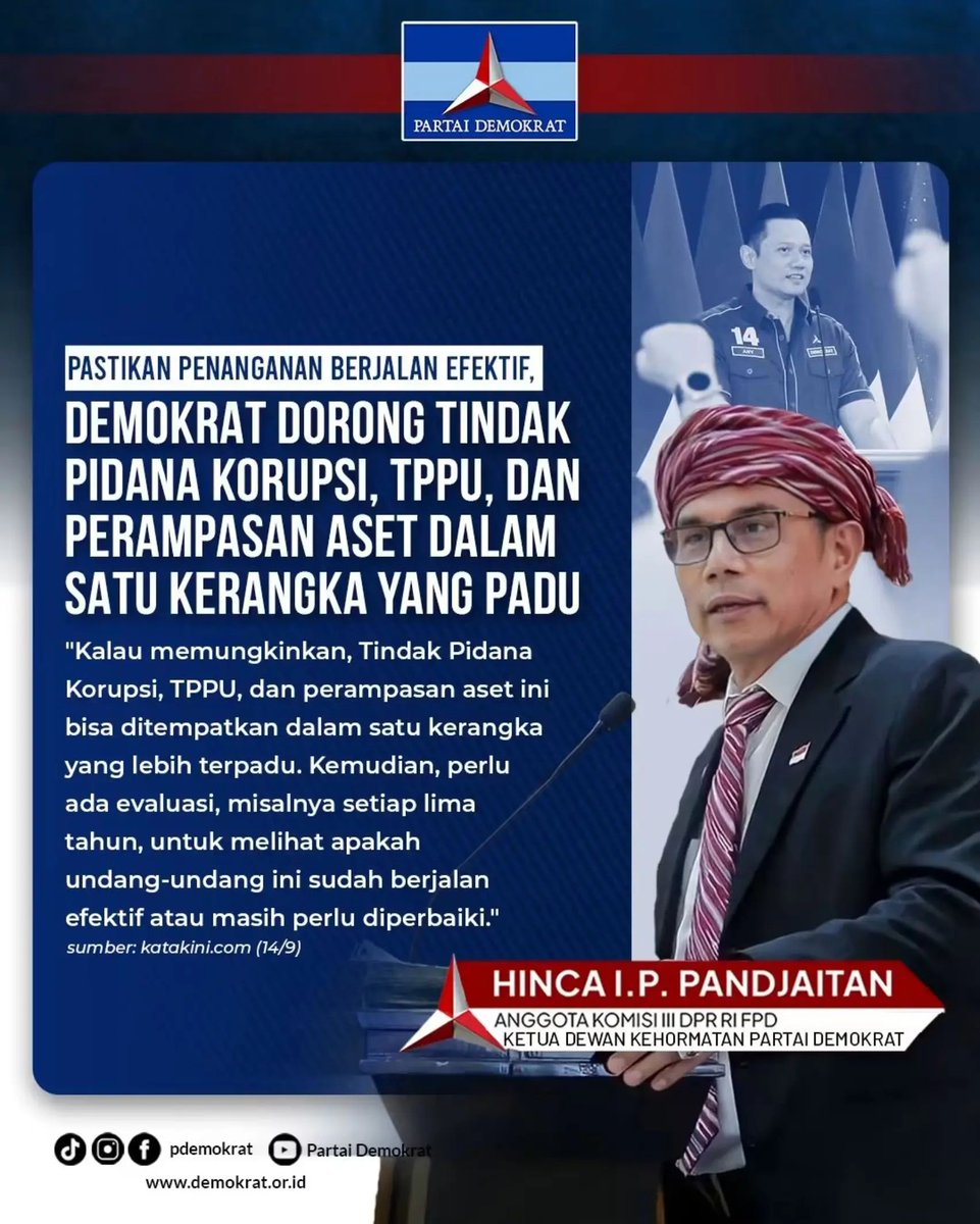 DPCDemokratLA's tweet photo. "Tindak Pidana Korupsi, TPPU, dan perampasan aset ini bisa ditempatkan dalam satu kerangka yang lebih terpadu. Perlu ada evaluasi, misalnya setiap lima tahun, untuk melihat apakah undang-undang ini sudah berjalan efektif atau masih perlu diperbaiki." - Hinca I.P. Pandjaitan - https://t.co/rIoEM970yt