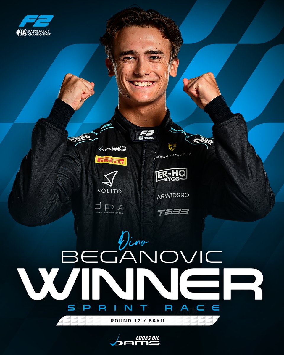 Formula2's tweet photo. DINO GOES BACK-TO-BACK 🏆🏆

A second consecutive victory for Dino Beganovic as he secures victory in the Baku Sprint 👊

#F2 #AzerbaijanGP https://t.co/R06bhIFzKS
