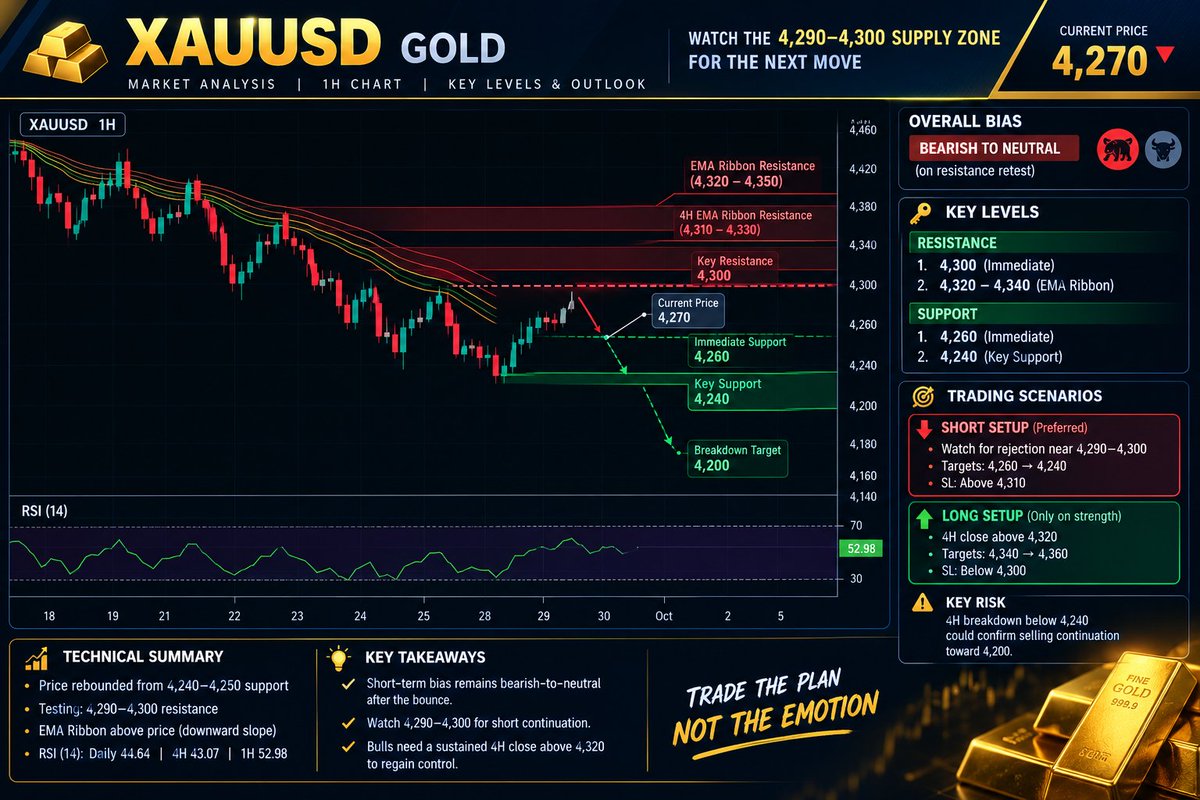 TheRoushanGold's tweet photo. 🟡 GOLD WATCH: 4,290–4,300

Gold around 4,270 after bouncing from 4,240–4,250 support.

🔴 Resistance: 4,300 → 4,320–4,340
🟢 Support: 4,260 → 4,240
⚠️ Below 4,240 → 4,200 possible
Bias: Bearish-to-Neutral while below 4,300–4,320.
#Gold #XAUUSD #Trading #Forex https://t.co/K9G1JWivI3