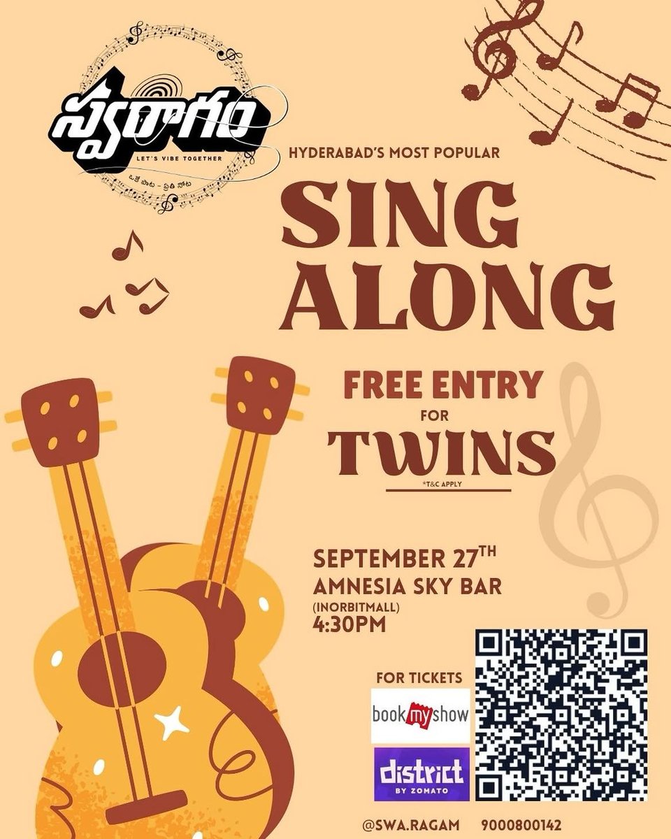 TeamStarCircle's tweet photo. Tag your Twins friends 👯‍♂️
 (Free Entry for them) And let them know their specialty in this Sing Along session 🫶🫶 
#swaragam #singalong #twins #hyderabad #weekendvibes https://t.co/OsV02aDewd