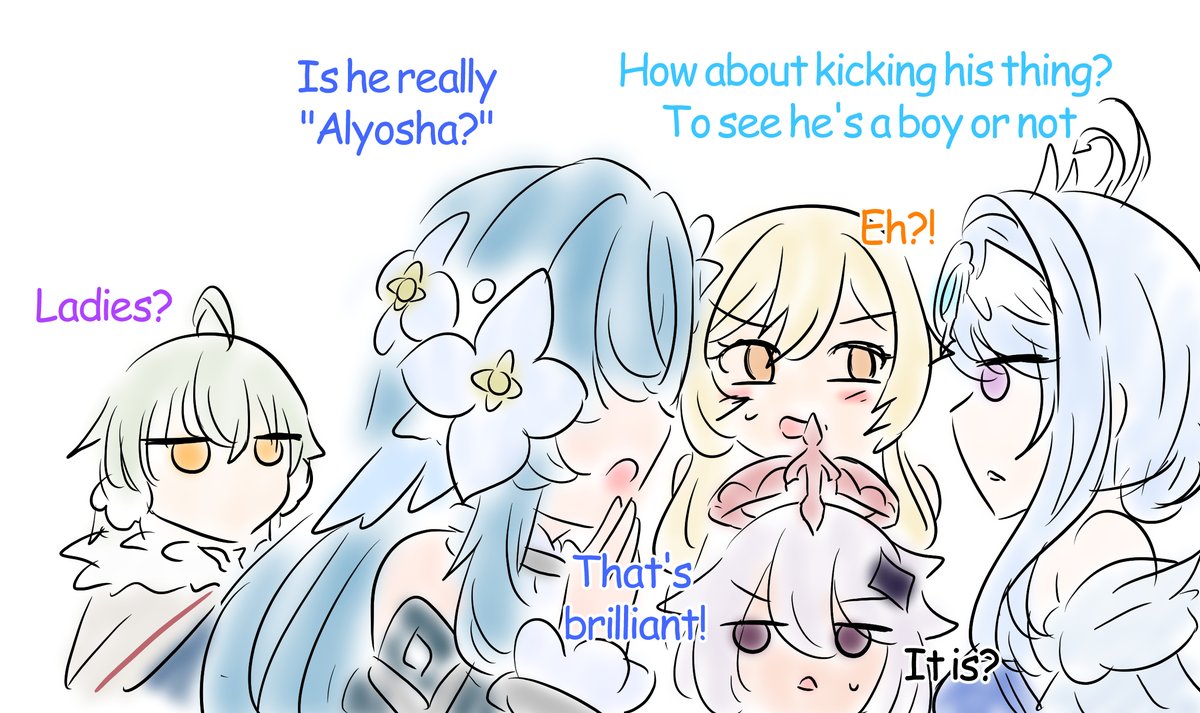 tsfbunnyboy's tweet photo. Girls suspecting Alyosha during archon quest https://t.co/LmuiXjfQTY