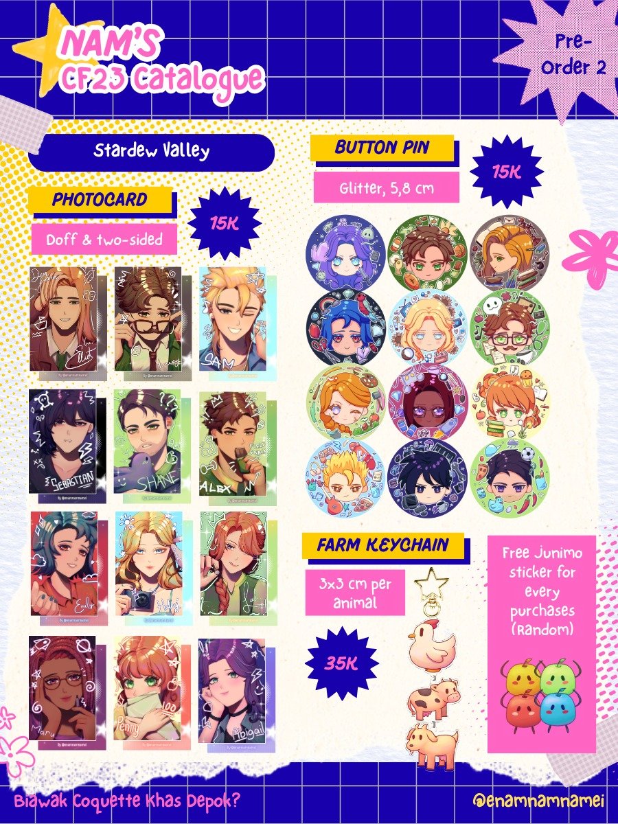 enamnamnamei's tweet photo. RTs are appreciated!
Nam's 2nd #Comifuro23 Pre-0rder
Biawak Coquette Khas Depok? (J42AB) 🎀
📅 25 Sep 2026 - 02 Oct 2026
🔗 https://t.co/7fLuEx7si6
✨ Stardew Valley, Fear and Hunger, Original (Cat), Ado, Vocaloid, Utau, YCH
Thank you
#funger #cf23 #catalogue #ado #teto https://t.co/BRgri5Qp9m
