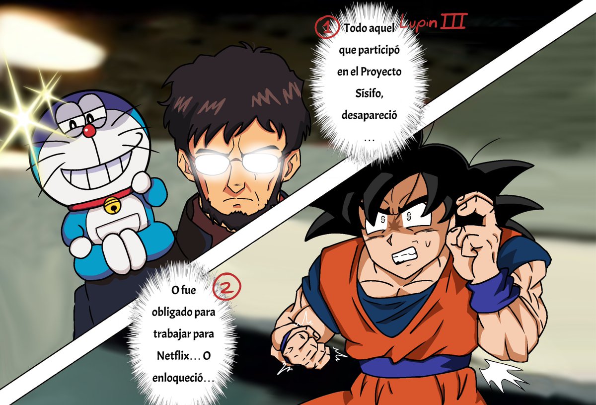 SalomaDany's tweet photo. Finalmente, terminé con mi dibujo, son dos versiones, pero el único cambio es que Goku está más enojado.
Doraemon y Gendo Ikari = El Gallo Claudio
Goku = Piolin
Lupus III = Bugs Bunny
#AkkoVsTrigger https://t.co/Fp2rfmI90t