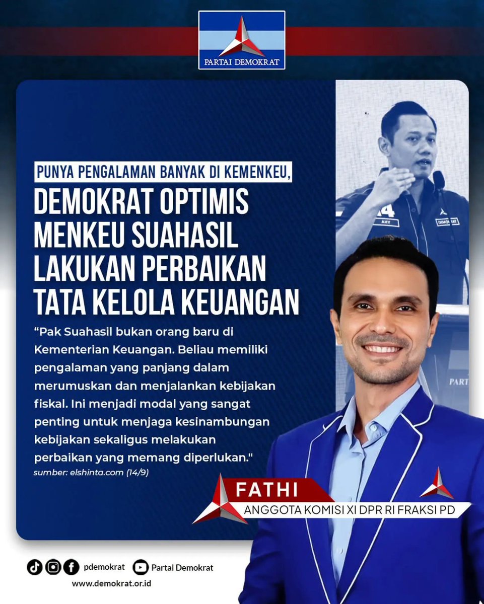 DPCDemokratLA's tweet photo. "Pak Suahasil bukan orang baru di Kementerian Keuangan. Beliau memiliki pengalaman yang panjang dalam merumuskan dan menjalankan kebijakan fiskal. Ini modal yang sangat penting untuk menjaga kesinambungan kebijakan sekaligus melakukan perbaikan yang memang diperlukan." - Fathi - https://t.co/uKt7zpvxrh