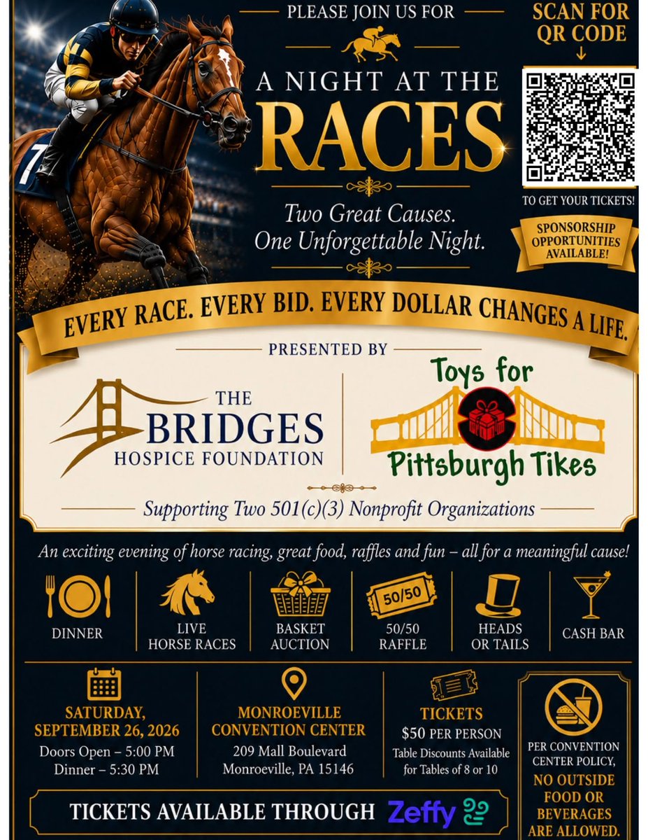 VisitMon's tweet photo. 🎉🐎Get ready for a Night at the Races benefiting The Bridges Hospice Foundation and Toys for Pittsburgh Tikes! ❤️🎁

Join us for an exciting evening this Saturday, September 26 at the Monroeville Convention Center.

FOR TICKETS ⬇️
https://t.co/iL7Hui2faJ https://t.co/1eSsmC6O1F