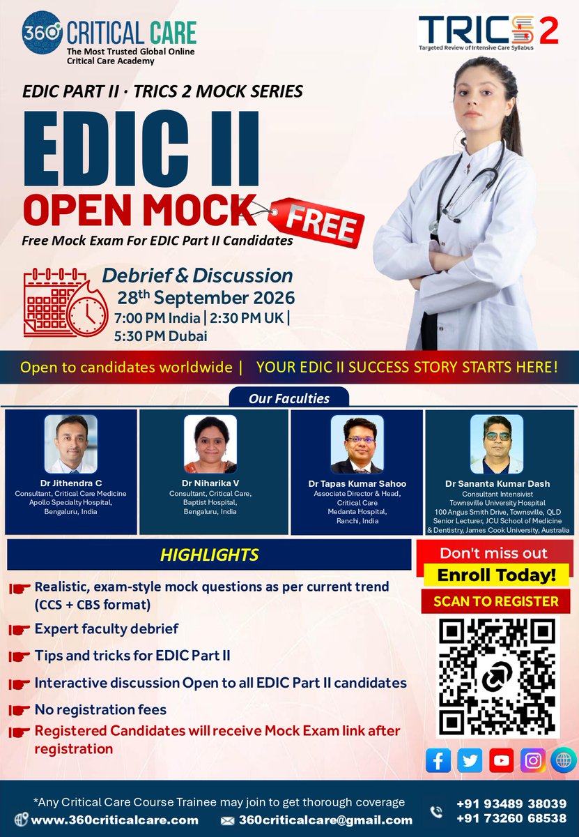 360criticalcare's tweet photo. 🎯 FREE EDIC PART II OPEN MOCK TEST
✅ CCS &amp; CBS Mock Questions
✅ Faculty-Led Live Debrief
✅ Exam Tips &amp; Strategies
📅 Live Debrief: 28 Sept 2026🕖 7 PM India
⏳ 1 Days to Mock | 3 Days to Debrief!
Register FREE:
https://t.co/SYEqdPxVsq
📲WhatsApp Group:
https://t.co/xbwkdt53J3 https://t.co/wbQwwHHSAa