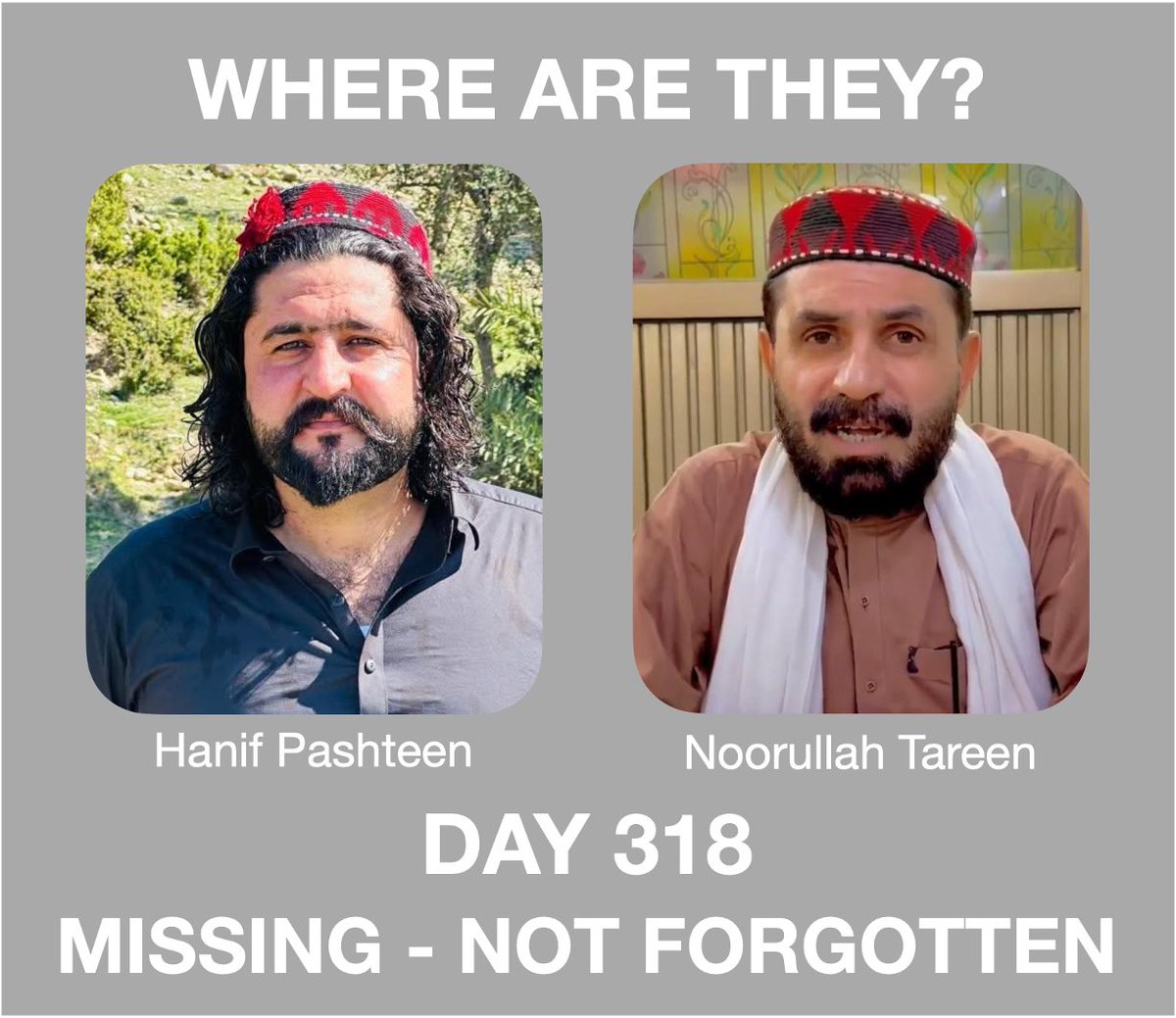 samanthaleaning's tweet photo. MISSING, NOT FORGOTTEN - 25th September 2026 - Day 318

Enforced disappearance denies families something fundamental, and that is the truth.

They are left not knowing where their loved one is, what condition they are in, or what has happened to them.

For 318 days, two families have been waiting for answers.

#WhereIsPTMDelegation #EndEnforcedDisappearances
#WhereIsNoorUllahTareen 
#WhereIsHanifPashteen