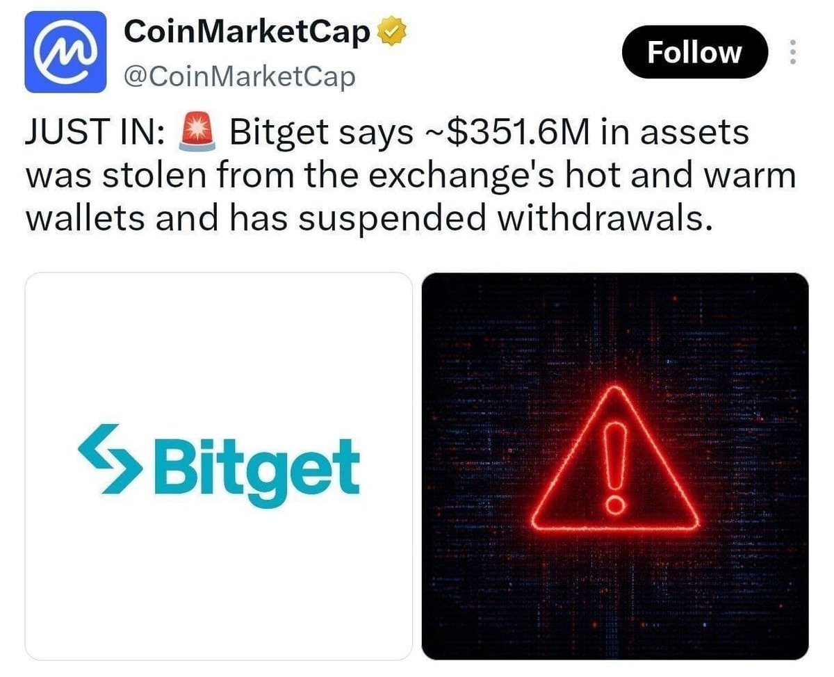 iawadh8990's tweet photo. 🚨 BREAKING: Bitget Security Alert ⚠️
💰 ~$351M की unauthorized transfers की रिपोर्ट के बाद withdrawals अस्थायी रूप से बंद हैं 📴
⏳ अभी withdrawal resume होने का कोई confirmed time नहीं—official update का इंतज़ार करें।
🔐 Panic नहीं, लेकिन सतर्क रहें!
#Bitget #BitgetHack #Crypto #Bitcoin #Security
