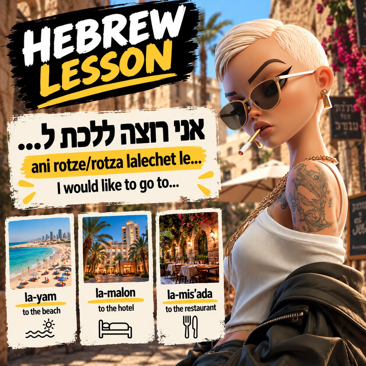 DEREKHOR613's tweet photo. Hebrew Lesson

I’d like to go to…

Ani rotze / rotza lalechet le…

Beach, hotel, restaurant — one simple phrase opens up a lot of possibilities.

#LearnHebrew #Hebrew #SpeakHebrew #HebrewLessons #Israel #LanguageLearning https://t.co/hpj1kpklYX