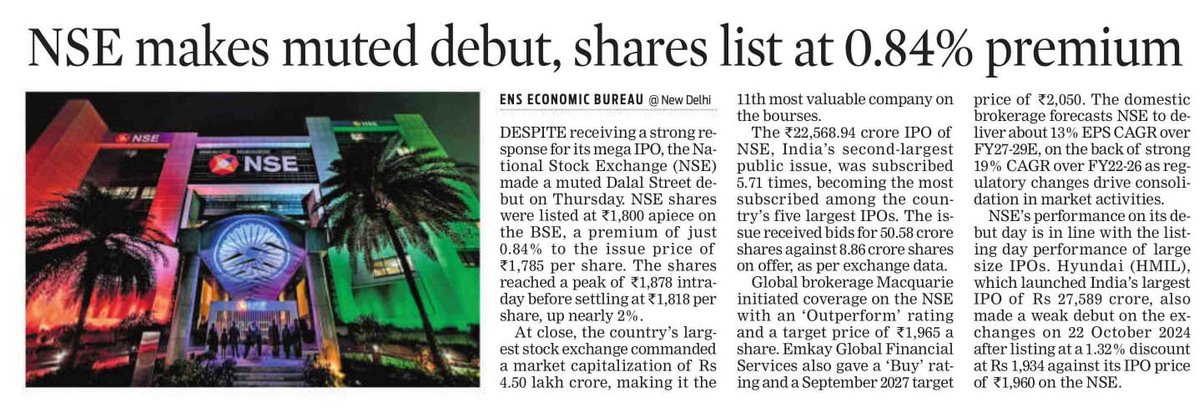 manoj67368's tweet photo. NSE makes its stock market debut at ₹1,800, a 0.84% premium to its IPO price of ₹1,785.

The stock touched ₹1,878 before closing at ₹1,818, up nearly 2% — a strong listing for a mega IPO valued at around ₹4.50 lakh crore.

@IndianExpress https://t.co/8f0fwp2PpL