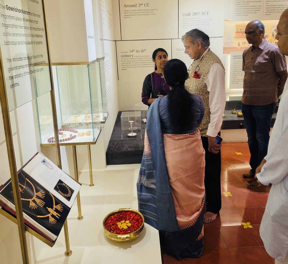 ShashiTharoor's tweet photo. One of the highlights of my #Chettinad visit was a tour of the Pettagam jewellery museum, conducted by a remarkable family of gemologists, Ganesh, Meena and Aditi Suppiah. It was simultaneously an education in the history of the Chettiar community as well as a crash-course in their extraordinary trading skills and jewellery traditions. Must visit if you are anywhere near Karaikudi!