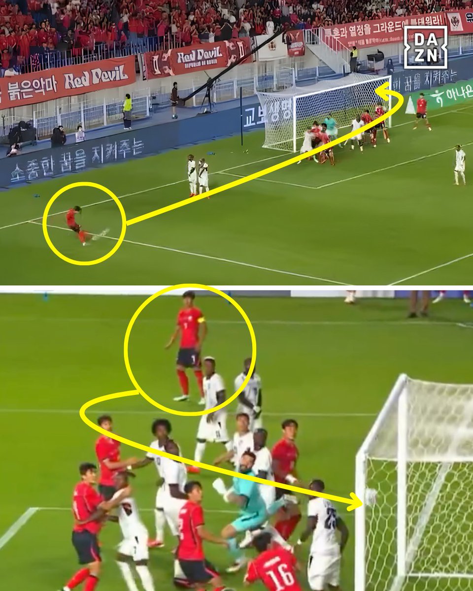 DAZNFootball's tweet photo. WHAT A GOAL FROM SON! 🤯🇰🇷

Son Heung-min curls an absolute SCREAMER of a free kick into the top corner against Ecuador. 🎯🔥

The goalkeeper could only watch. 😮‍💨

#Internationalfootball https://t.co/YVjouxYCN9