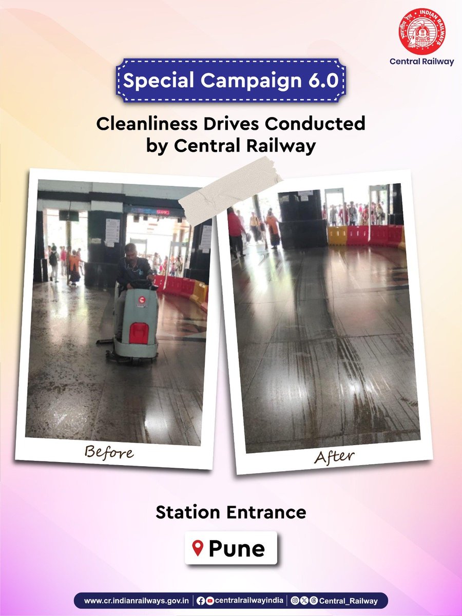 drmpune's tweet photo. Cleanliness begins at the entrance.

As part of Special Campaign 6.0, a cleanliness drive was undertaken at the Station Entrance in Pune, ensuring a clean and well-maintained space for passengers.

#CentralRailway #IndianRailways #SwachhataHiSeva #SpecialCampaign #Pune https://t.co/ytiuqjX2Cs