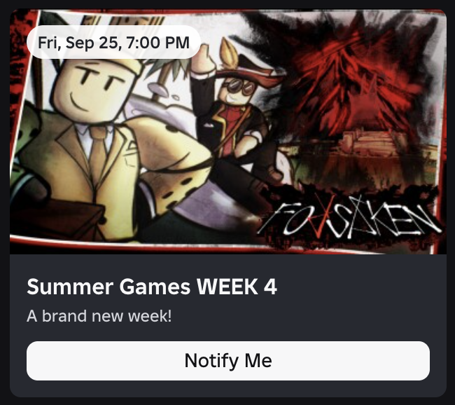 Forsaken_News's tweet photo. 🚨News🚨

Week 4 of the Summer Games Event will be releasing today at 7:00 PM EDT.

|https://t.co/ByzI7eiM4a|

#Forsaken #forsakenroblox https://t.co/asrQu8qYzX