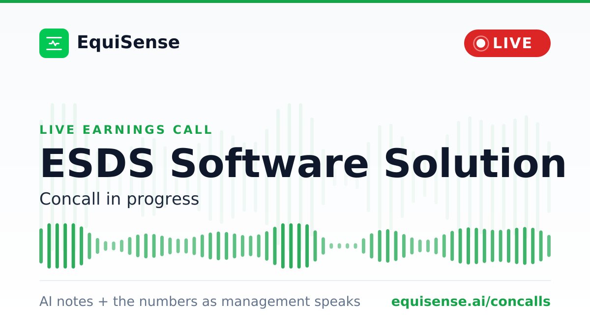 ai_EquiSense's tweet photo. 🎧 ESDS Software Solution concall is streaming live on EquiSense. Not tomorrow's transcript. Not a summary after it ends. The call itself, live, with AI notes as management speaks
👉 https://t.co/B57oMk6ehy
#ESDS #EarningsCall https://t.co/rLaTOFd5hz
