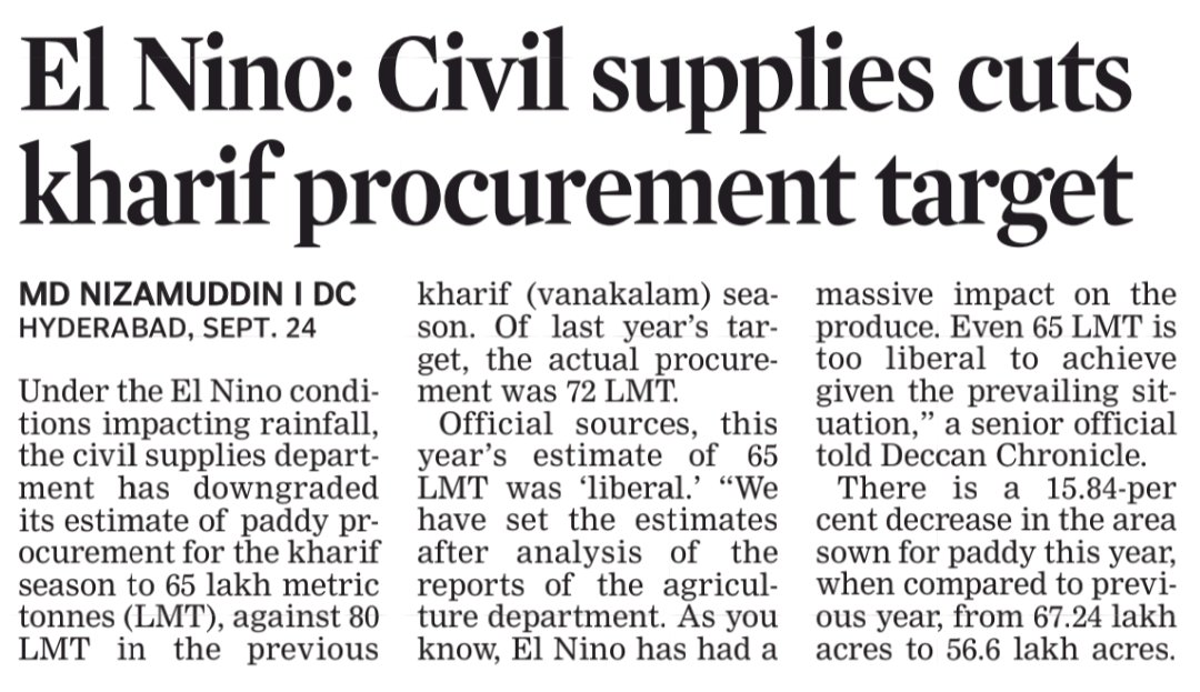 NizamJourno's tweet photo. #ElNiño impact on 🌾
ℹ️ @TGCivilSupplies which has targeted 80 LMT of paddy procurement in previous #Kharif, now has cut short it's targets.
ℹ️ There's 15.84 % decrease in area sown for paddy in #Telangana this year, when compared to previous year. Last year the area sown was 67.24 lakh acres, however this has come down drastically to 56.6 lakh acres across the State.
ℹ️ Dept is now more focused on containing 'pilferage' through initiatives like Physical Verification (PV) mobile App.