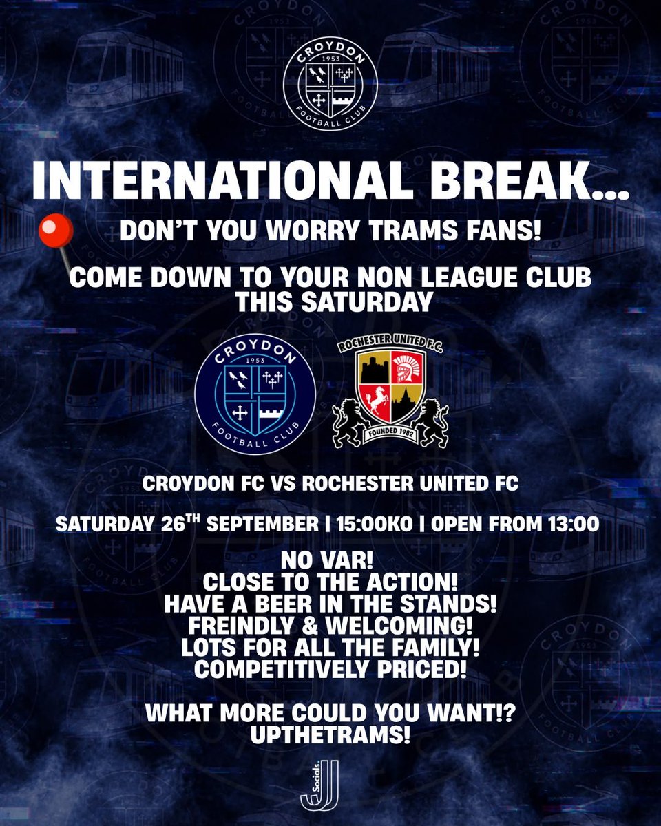 Croydon_FC's tweet photo. Tomorrow sees @Croydon_FC v @Rochesterutdfc at Croydon Sports Arena.
International break. 
Not to worry! 
Come down to your #nonleague #football club - @Croydon_FC this Saturday 26th September.
Gates open 1pm. Kick off 3pm.
#NoVAR!
Be close to the action.
Have a beer in the stands.
Friendly & welcoming atmosphere.
Lots for all the family.
Competitively priced.