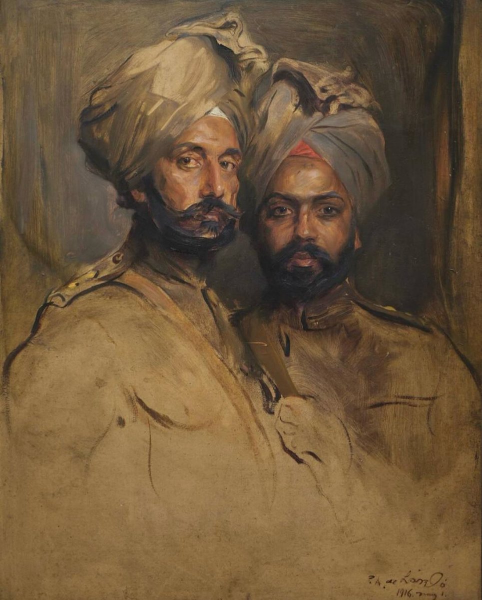 PeiDacquelkn's tweet photo. Em 1916, Philip de László pintou dois oficiais Sikh, Jagat Singh e Man Singh, sem encomenda. Os rostos e turbantes surgem plenamente definidos, enquanto os uniformes se dissolvem em pinceladas. O retrato permaneceu no seu atelier até à morte do https://t.co/L8sZBaQTbb