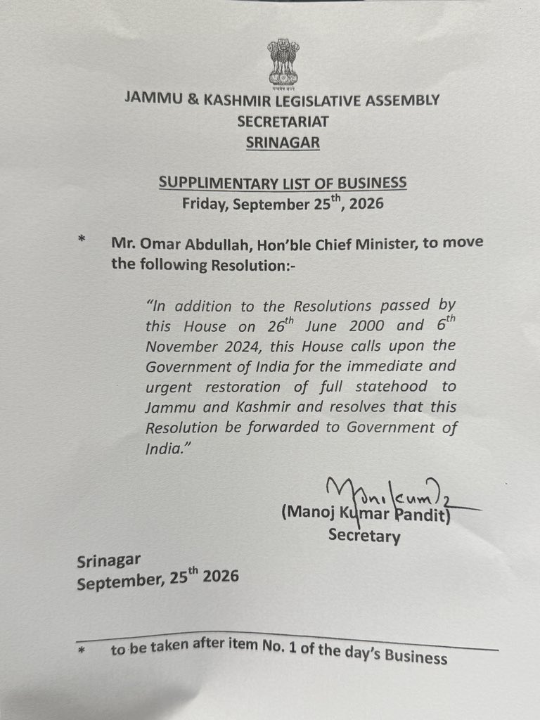 tanvirsadiq's tweet photo. Today, history is made in the J&K Assembly.
The Statehood Resolution, with a clear reference to 26 June 2000 and the 2024 Resolution, is a powerful reminder that the National Conference has never forgotten its agenda, and will never compromise on its principles.
The struggle for dignity, identity and statehood continues.
A historic day for Jammu & Kashmir. ✊