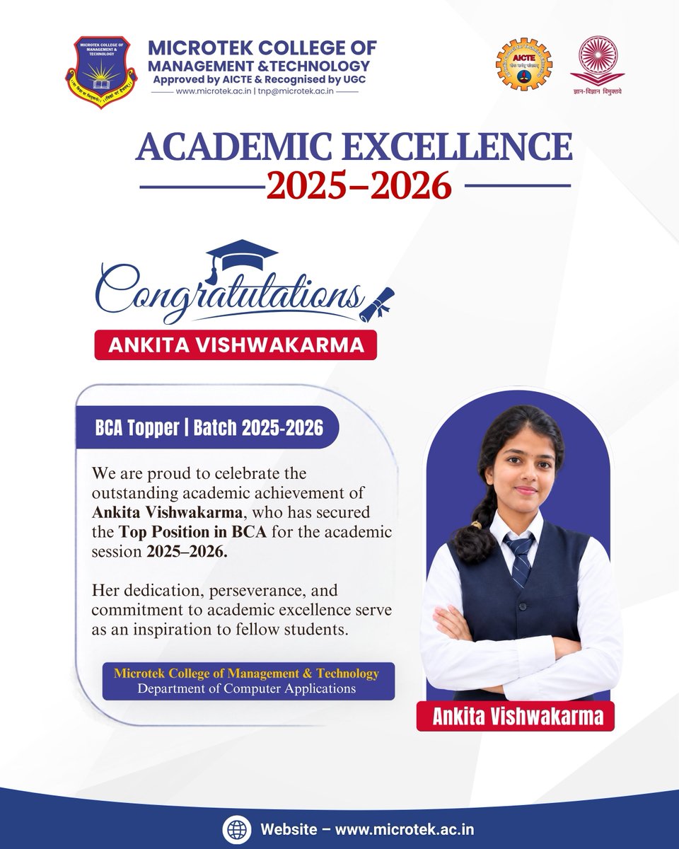 MicrotekJ99388's tweet photo. Heartiest congratulations to Ankita Vishwakarma, BCA Topper, Batch 2025–2026, for securing the Top Position in BCA through her exceptional academic performance.

#microtekcollege #microtekcollegeofmanagementandtechnology #bcatoppers #excellence https://t.co/0AVUj73Jip