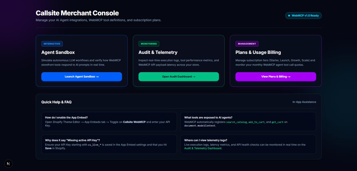 JimmyTiman's tweet photo. CallSite #WebMCP Merchant Console for #Shopify is complete and operational. Our 3 Core Tool Functionality is live. More info coming soon… https://t.co/ZsykjA2WL4