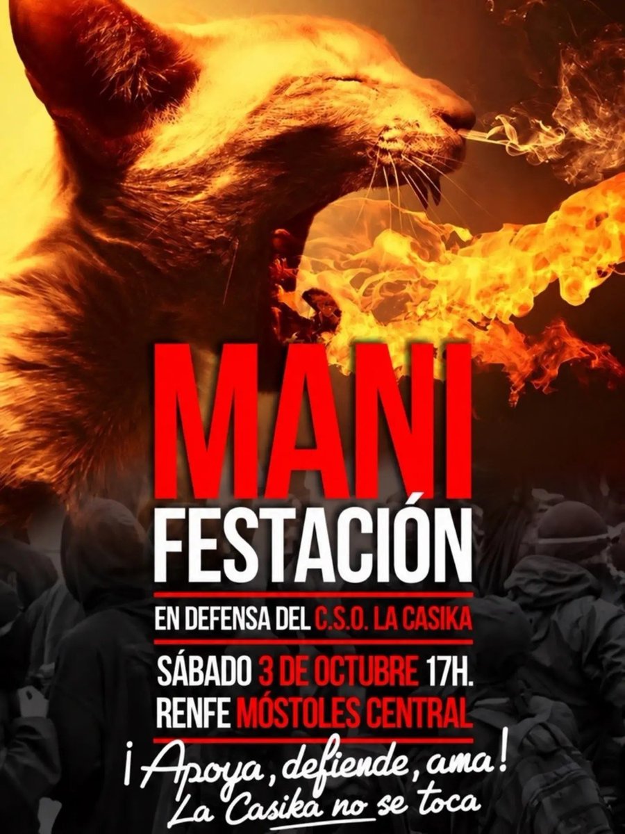 sovmadrid's tweet photo. El Sindicato de Oficios Varios de Madrid adherido a la Confederación Anarcosindicalista – AIT nos solidarizamos y nos unimos a la manifestación por la defensa de La Casika para el próximo 3 de octubre a las 17:00hs que comenzará en Móstoles central y Cercanias C5 Móstoles https://t.co/iHpaYayaay