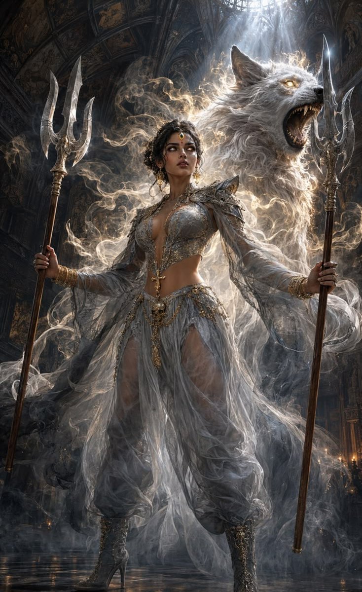 Nevergiveup_93's tweet photo. She doesn't pray for protection. She IS protection. 🐺⚔️
Two tridents. One spirit wolf. Zero mercy for evil.
The temple trembles when she walks in.
QT or Share your Wolf Queen..
All are welcome...
#WarriorQueen #GoddessWarrior #IndianFantasy https://t.co/CQudFJGFWj