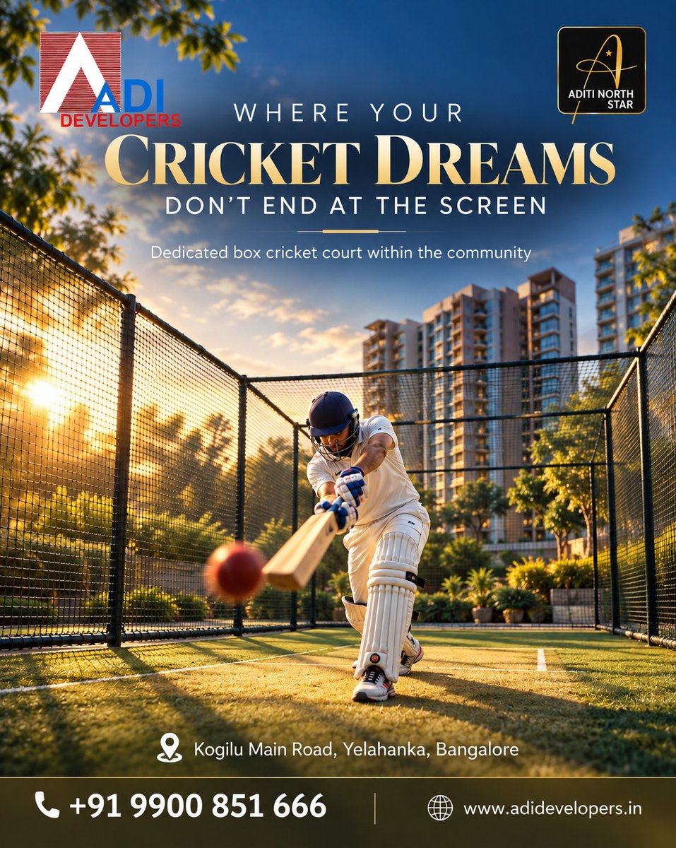 Aditinorthstar's tweet photo. Where your cricket dreams don't end at the screen 🏏📷.    
Enjoy a dedicated box cricket court right within the community at Aditi North Star by ADI Developers. Experience an active, premium lifestyle on Kogilu Main Road, Yelahanka, Bangalore. https://t.co/DUZ9WJRUBU