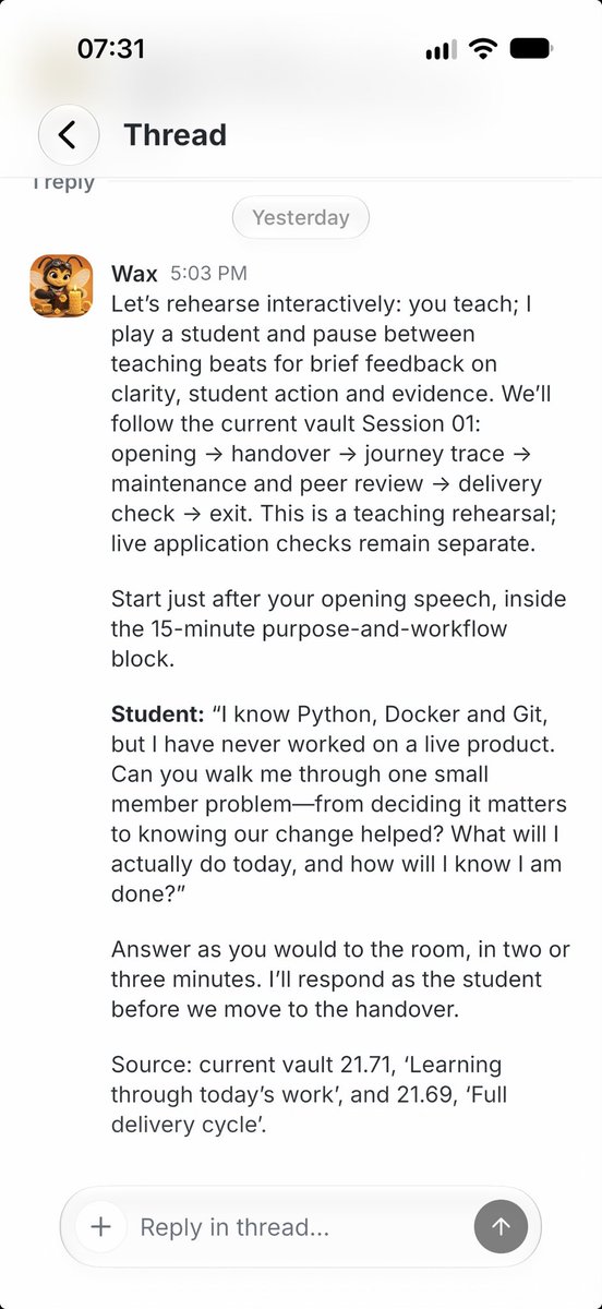 mprokopov's tweet photo. Preparing a new course is always a challenge: the pace is not tested, the background and gaps in the student knowledge are unclear

One of the most useful tricks I found: rehearsal

Ask an AI agent to be a student and start interacting. The output is the valuable feedback! https://t.co/9le9ODn8ER