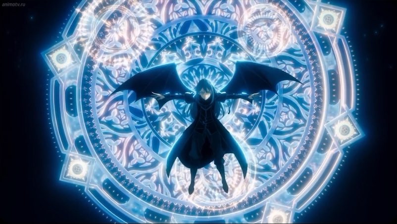 A dark, hooded figure with large bat-like wings spreads their arms before an intricate, glowing blue magical circle, capturing the dramatic climactic moment of "That Time I Got Reincarnated as a Slime" (Tensura). The luminous arcane pattern evokes comparison to Rimuru's iconic Megiddo Ray, as the final episode of the series airs.