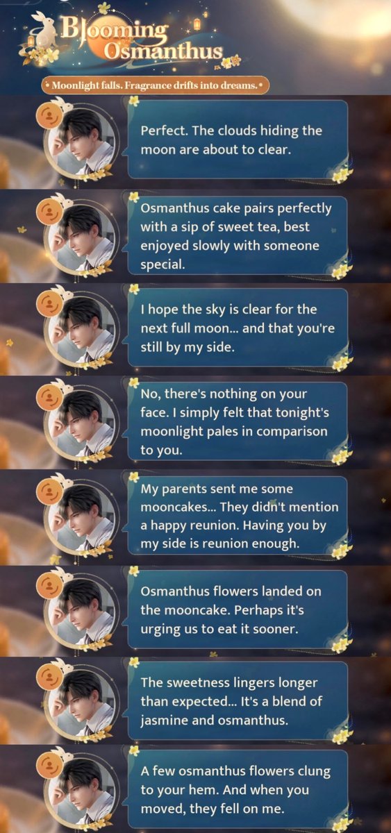 PhuongPhuong_15's tweet photo. 🌕 Blooming Osmanthus Event 
All Zayne’s Seremoon Day Messages~ https://t.co/ycr7G6wBDA