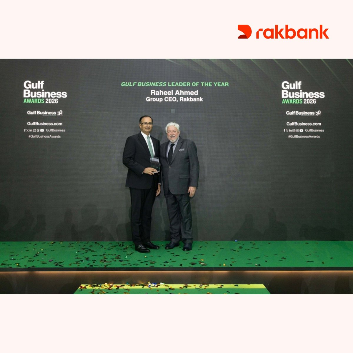 Rakbanklive's tweet photo. A double win for Rakbank at the Gulf Business Awards 2026! 🏆🏆

Our Group CEO, Raheel Ahmed, has been named 'Banking Leader of the Year' and 'Gulf Business Leader of the Year'.

Two major recognitions. One incredible moment for Rakbank.

They reflect the leadership, ambition and momentum shaping our journey as we continue to evolve banking, combining technology and innovation with what matters most: a 'Digital with a Human Touch' experience for our customers.

Here’s to our Group CEO, our people and everything we’re building together. ❤️

#Rakbank #GulfBusinessAwards #DigitalWithAHumanTouch #Leadership #50yearswithyou

Read more: https://t.co/nKXqdCpiH2