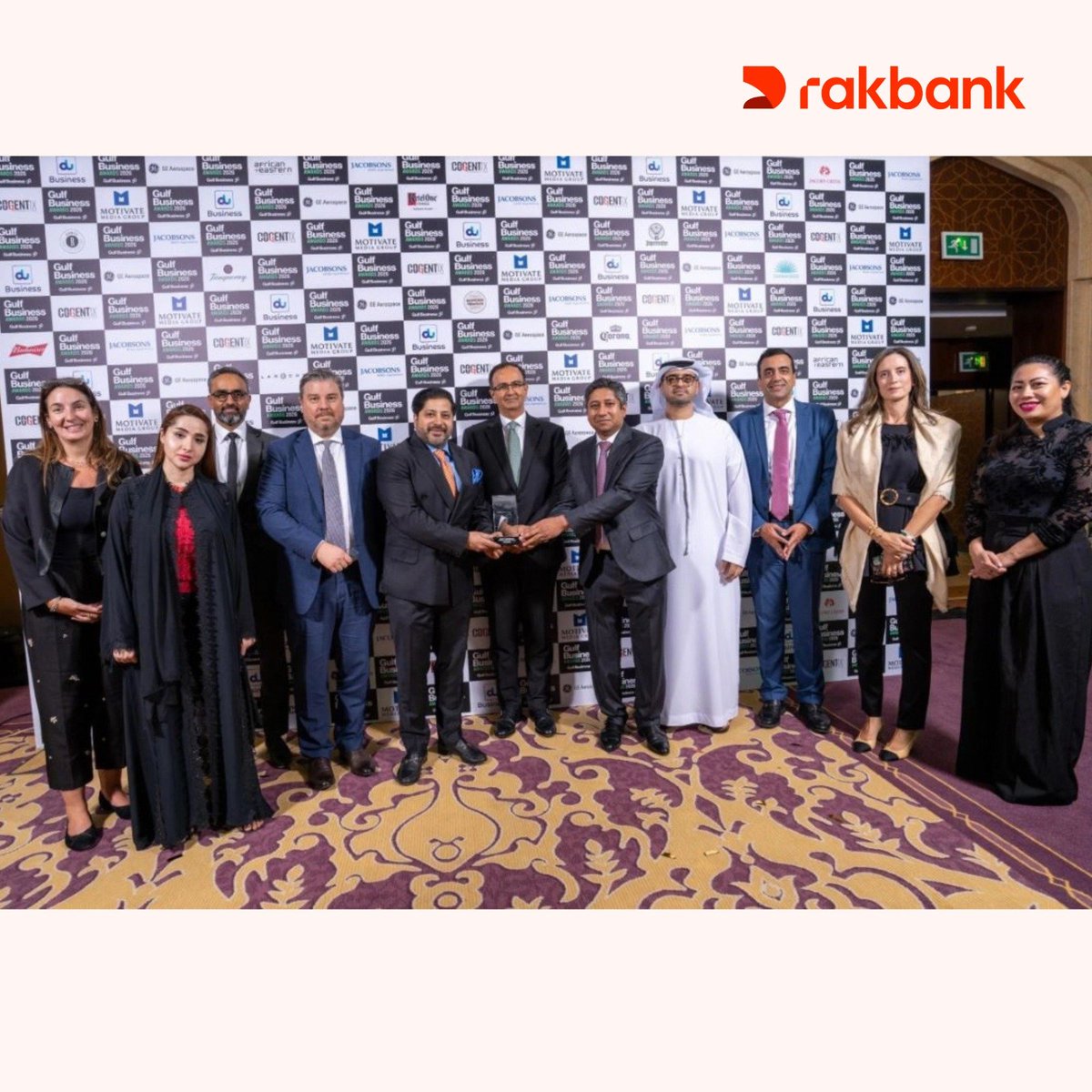 Rakbanklive's tweet photo. A double win for Rakbank at the Gulf Business Awards 2026! 🏆🏆

Our Group CEO, Raheel Ahmed, has been named 'Banking Leader of the Year' and 'Gulf Business Leader of the Year'.

Two major recognitions. One incredible moment for Rakbank.

They reflect the leadership, ambition and momentum shaping our journey as we continue to evolve banking, combining technology and innovation with what matters most: a 'Digital with a Human Touch' experience for our customers.

Here’s to our Group CEO, our people and everything we’re building together. ❤️

#Rakbank #GulfBusinessAwards #DigitalWithAHumanTouch #Leadership #50yearswithyou

Read more: https://t.co/nKXqdCpiH2