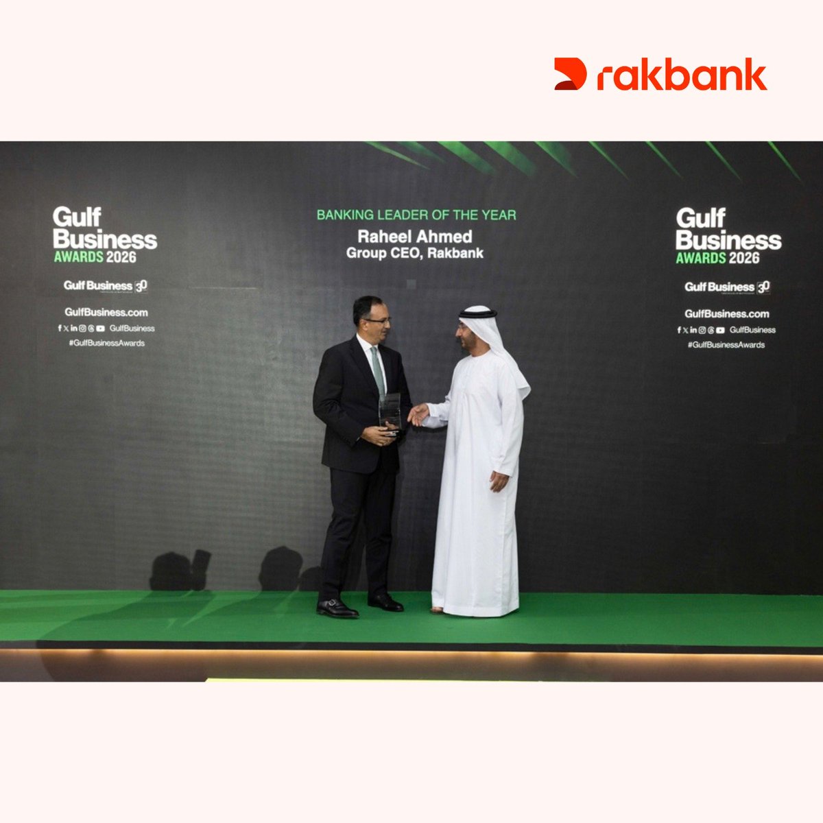 Rakbanklive's tweet photo. A double win for Rakbank at the Gulf Business Awards 2026! 🏆🏆

Our Group CEO, Raheel Ahmed, has been named 'Banking Leader of the Year' and 'Gulf Business Leader of the Year'.

Two major recognitions. One incredible moment for Rakbank.

They reflect the leadership, ambition and momentum shaping our journey as we continue to evolve banking, combining technology and innovation with what matters most: a 'Digital with a Human Touch' experience for our customers.

Here’s to our Group CEO, our people and everything we’re building together. ❤️

#Rakbank #GulfBusinessAwards #DigitalWithAHumanTouch #Leadership #50yearswithyou

Read more: https://t.co/nKXqdCpiH2