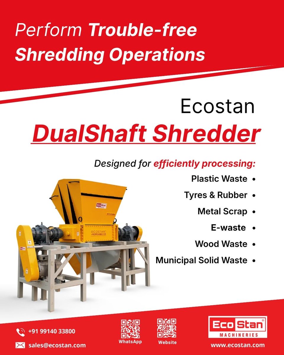 ecostanindia's tweet photo. ♻️ From tough waste to efficient processing. ⚙️

ECOSTAN Dual Shaft Shredder handles challenging materials including tyres, plastics, metal scrap, e-waste, wood and MSW.
 
Contact us today!
📞 +91 99140 33800 | 🌐 https://t.co/cmI65Jh3Uz

#Recycling #Biomass #ECOSTAN https://t.co/VZ962bXtj0