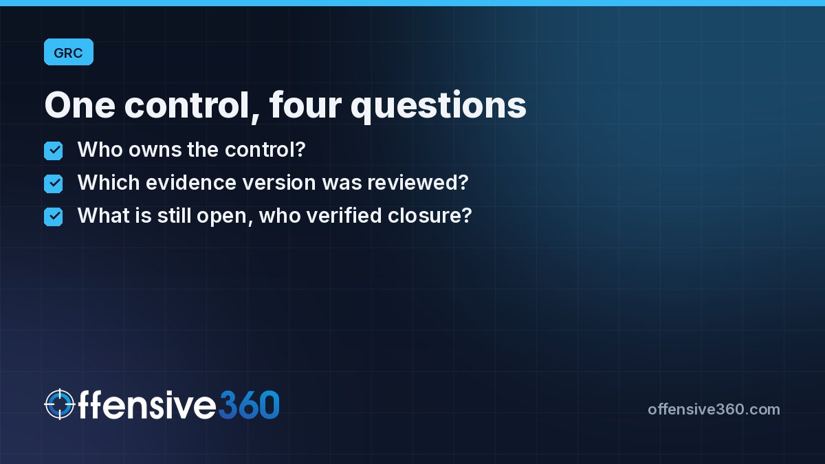 offensive360's tweet photo. A control marked implemented and open scanner findings on the same code can both be true. Pick one control: who owns it, which evidence version was reviewed, what is still open? GRC early access. https://t.co/414V7S5XPx #AppSec #DevSecOps https://t.co/EehplriWNu