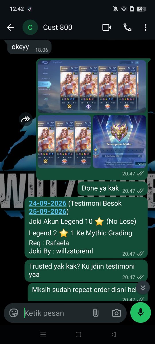 willzstoreml's tweet photo. 25-09-2026 
Testimoni Joki Akun Legend 10 ⭐ (No Lose)
Legend 2 ⭐ 1 Ke Mythic Grading 
Req : Rafaela

Yang mau Joki ML / Joki Akun Bisa Langsung WA ya :
Epic 4K / ⭐
Legend 5K / ⭐ https://t.co/hZOe3j7u5H