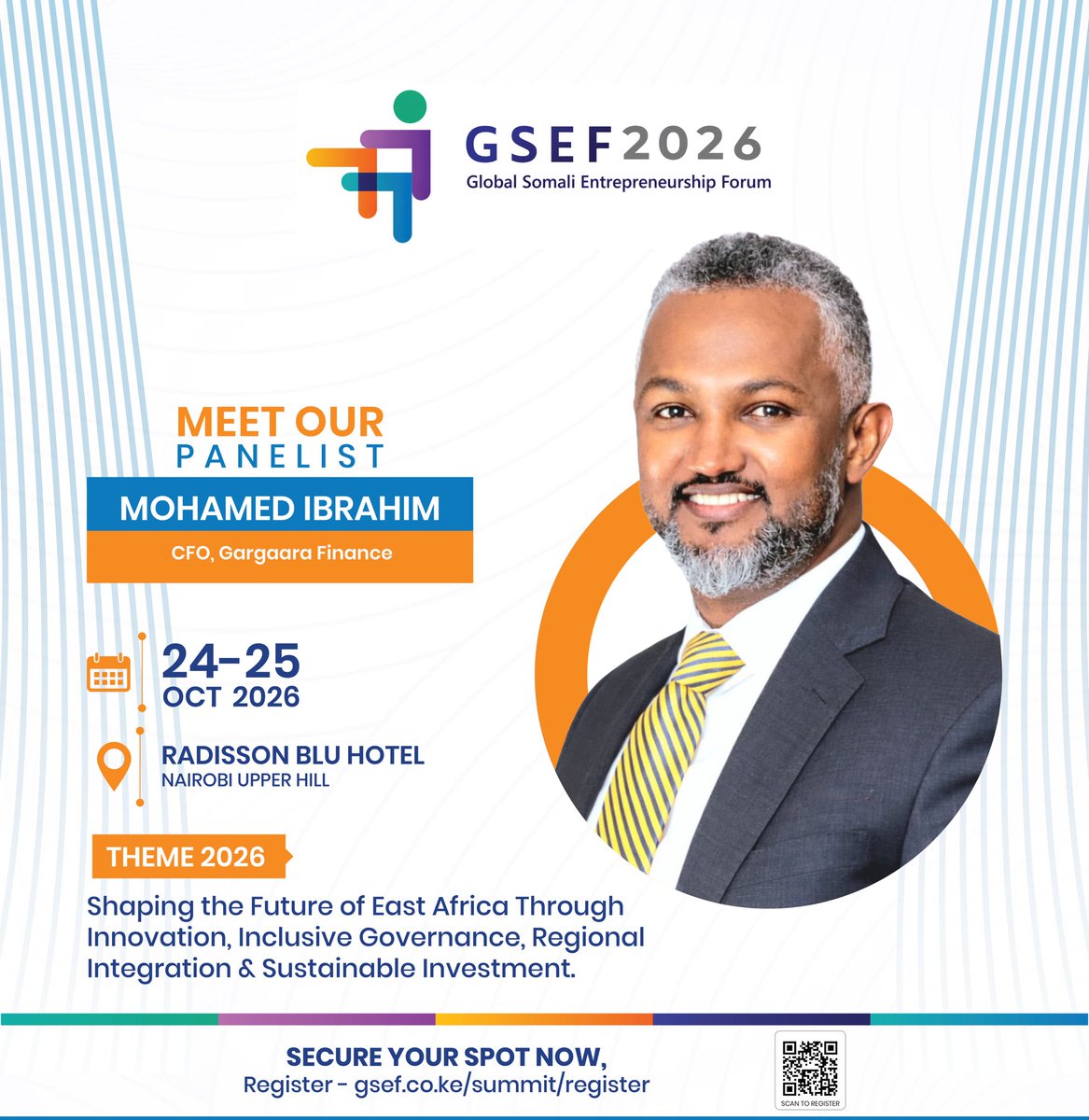 GSEFForum's tweet photo. Expanding access to finance and unlocking opportunities for Somalia’s businesses.

We are pleased to welcome Mohamed to #GSEF2026, a seasoned finance and development professional whose work sits at the intersection of MSME finance, institution building and economic transformation in Somalia.

Mohamed is a finance and development professional with extensive experience across the public and private sectors, focused on expanding access to finance and strengthening financial institutions in Somalia.

He is a founding executive of @gargaara_ Finance Limited, Somalia’s apex MSME financing institution, where he has served as Chief Financial Officer and Acting CEO. 

He has played a key role in building the institution from its early stages and expanding financing to MSMEs and productive sectors through banks and microfinance institutions across Somalia.

Previously, Mohamed served as an Economic and Financial Policy Advisor in Somalia’s Office of the Prime Minister and has held leadership roles in finance and audit.

Mohamed also writes and speaks on investment, banking, entrepreneurship, institution building and Africa’s economic transformation. He has a particular interest in mobilizing capital, strengthening financial institutions and building scalable enterprises that create jobs and sustainable economic value.

Register to attend GSEF 2026. Early Bird registration is now open  

 Secure your spot: https://t.co/wWw55XuXjG 

#GSEF2026 #Somalia #Governance #RegionalIntegration #eastafrica #AITechnology