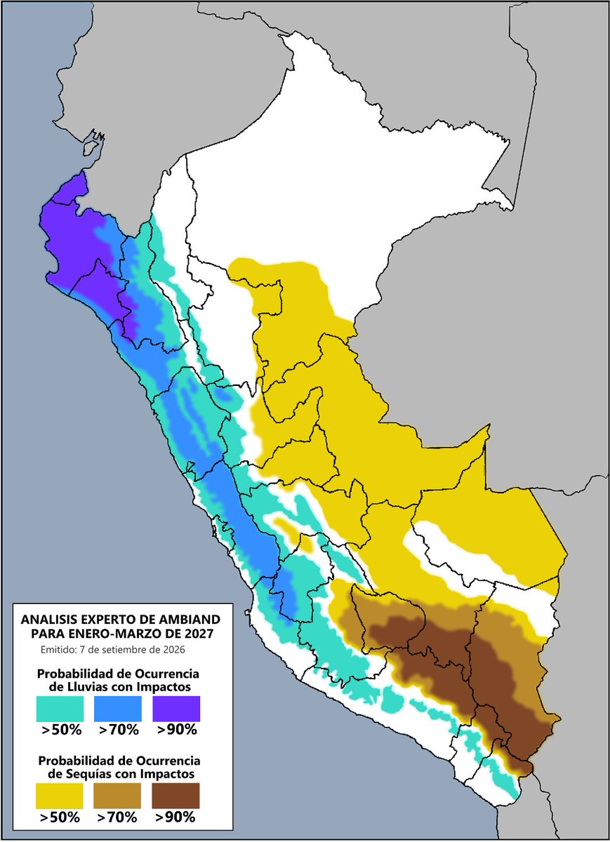 hombredeltiempo's tweet photo. #ElNiño pasa a fase de #lluvias en #Perú. 

Una visión desde @AmbiandPeru y su equipo técnico que lideramos con @jomagalvez y @meteoclim:

No hay marcha atrás lastimosamente. La atmósfera está firmemente retroalimentada del calentamiento del mar. Este, a su vez, continúa calentándose en respuesta a los vientos débiles que el mismo calentamiento del mar favorece (a eso llamamos retroalimentación positiva). Lo que está sucediendo en #Ecuador es una antesala de lo que viviremos ambos países.
Para los meses de Enero-Marzo estos son los escenarios previstos por @AmbiandPeru 
Se contemplan lluvias torrenciales en las regiones de #Tumbes, #Piura y #Lambayeque (que pueden alcanzar individualmente valores superiores a 100mm (o litros por metro cuadrado)). En ese escenario debieran alcanzarse caudales muy importantes en esas regiones (lo que no significa que en las restantes de la costa no suceda ello, es decir: caudales muy altos igualmente). Asimismo, lluvias que pueden superar la mayor observada en la costa peruana. Probablemente en #Tumbes o #Piura. La mayor lluvia registrada en la historia en el ámbito de la costa peruana se observó en  #LasLomas, #Piura, alcanzó 258.5 milímetros y ocurrió el 3 de marzo de 2017 en #ElNiñoCostero de entonces.
Se contemplan valles y quebradas susceptibles a #Huaicos en toda la costa. La mayor probabilidad desde Ica hacia el norte.
Se contemplan lluvias en #Lima-#Callao durante el verano con eventos puntuales mayores a las lluvias de verano que se suelen presentar.
Se contemplan lluvias en la ciudad de #Ica.
La deficiencia de #lluvias en la sierra sur sería muy marcada.
La selva sur y central con algo menos de lluvia que en un verano habitual.
Estos escenarios se irán perfilando.
Si quisiéramos entender a qué se parecería; sería al verano de 1998, con un pero importante: lloverían más semanas en el norte que aquel año. Ese agregado vendría antes que lo observado en 1997 principalmente.
En cuanto al calor: Esperamos nuevos récords de temperaturas en la costa y #Lima-#Callao en particular. Durante febrero se alcanzaría 34°C en el #Callao (Aeropuerto) puntualmente lo que se constituiría como la temperatura máxima histórica en esa estación.
En zonas altas de #Lima como #Carabayllo o #LaMolina, 38°C y 37°C respectivamente. Lo que - igualmente - constituirían récords absolutos para la capital de #Perú. Debería ser el verano más cálido en registros. 
Reconocemos el impacto del #CalentamientoGlobal detrás de la mayoría de impactos que estamos viendo y que seguiremos viendo. 
#ElNiño es parte de la variabilidad climática, no obstante. No hay acción antropogénica en su naturaleza. 
Habrán algunos eventos atípicos que no podemos contemplar y que son propios de eventos #ElNiño muy intensos. 
Este #ElNiño encuentra  - con las propias dificultades del caso - a un país y una economía más robustos; a una sociedad más resiliente. Pero también a un enorme grupo de compatriotas con mucha vulnerabilidad. Es allí donde no debemos fallar cuando las dificultades apremien y más aun, cuando el evento finalice.
@AmbiandPeru se ha unido con mucho entusiasmo a todas las iniciativas que ayuden a sobrellevar este trance. En particular a @HombroaHombroPe que, de la mano de @indeciperu, concentra y concentrará la ayuda del sector privado en desastres. Invitamos a que todos los que puedan lo hagan. 
Esta bandera es de todos 🇵🇪🇵🇪🇵🇪