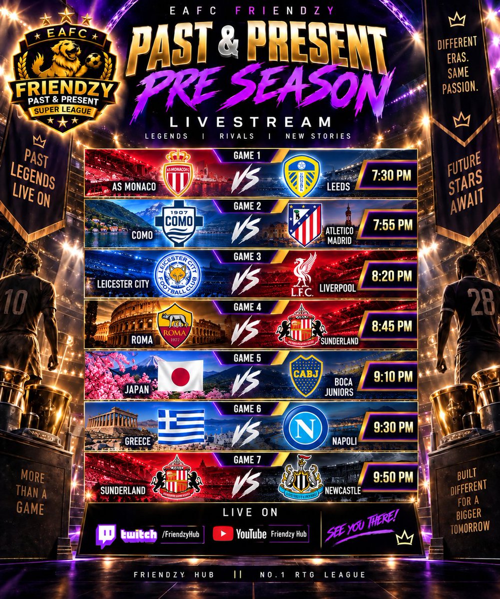 Friendzy2806's tweet photo. ⌛FRIENDZY PNP SUPER LEAGUE PRE SEASON⏳

💥 The FRIENDZY PNP Super League Pre Season starts tonight with 7 IMMENSE fixtures!

💣 Matches from across our Premier and Championship division will be live broadcasted from 7:30PM TONIGHT!

🎤 Live Commentary - https://t.co/hWxEWzlodA https://t.co/woygs8XdMx