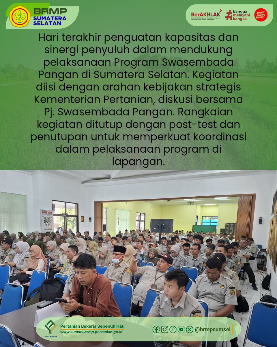 brmpsumsel's tweet photo. Hari terakhir penguatan kapasitas dan sinergi penyuluh dalam mendukung pelaksanaan Program Swasembada Pangan di Sumatera Selatan. Rangkaian kegiatan ditutup dengan post-test dan penutupan untuk memperkuat koordinasi dalam pelaksanaan program di lapangan. https://t.co/mwAlPtFnCc