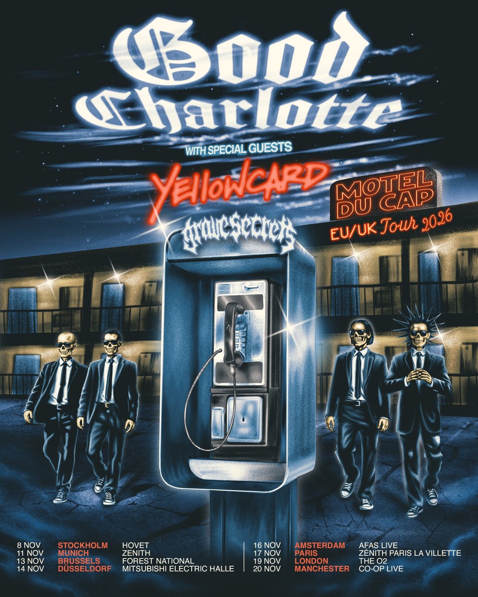 Yellowcard's tweet photo. Excited to share that Grave Secrets will be joining us at @GoodCharlotte in the EU & UK this fall! Tickets on sale now at https://t.co/BZnbJan7l3.

🇸🇪 8 Nov - Stockholm - Hovet
🇩🇪 11 Nov - Munich - Zenith
🇧🇪 13 Nov - Brussels - Forest National
🇩🇪 14 Nov - Düsseldorf - Mitsubishi Electric Halle
🇳🇱 16 Nov - Amsterdam - AFAS Live
🇫🇷 17 Nov - Paris - Zénith Paris La Villette
🏴󠁧󠁢󠁥󠁮󠁧󠁿 19 Nov - London - The O2
🏴󠁧󠁢󠁥󠁮󠁧󠁿 20 Nov - Manchester - Co-op Live