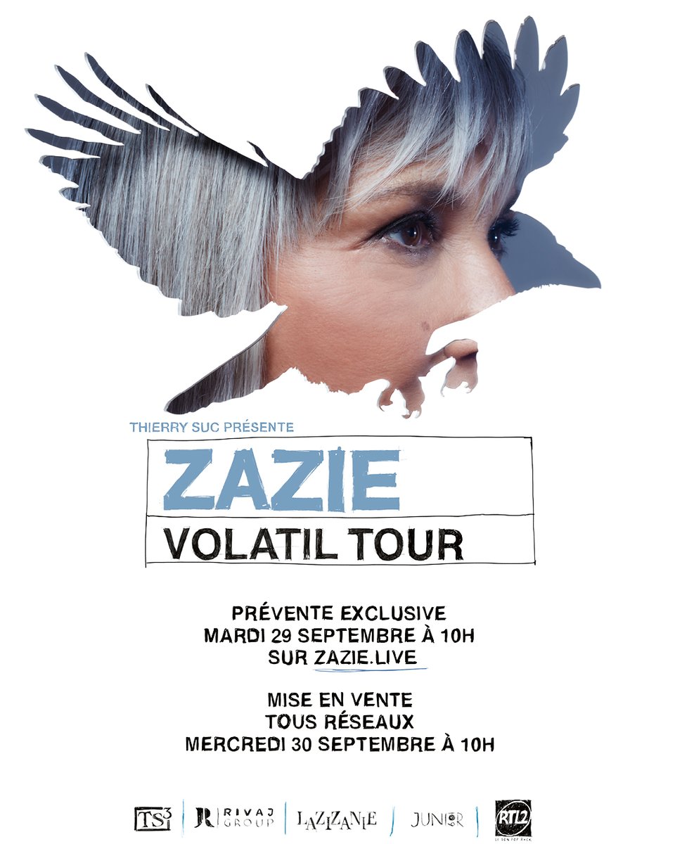 Zazieonline's tweet photo. Prévente exclusive mardi 29 septembre à 10h sur https://t.co/JhwsHxOkTp
🎫 Mise en vente tous réseaux mercredi 30 septembre à 10h

18/09/27 - LILLE - Zénith de Lille
23/09/27 - LYON - LDLC Arena
24/09/27 - MARSEILLE - Le Dôme
25/09/27 - DIJON  - Zénith de Dijon
30/09/27 - PARIS - Zénith Paris - La Villette
01/10/27 - RENNES  - Le Liberté
02/10/27 - NANTES  - Zénith Nantes Métropole
08/10/27 - BRUXELLES - Forest National
09/10/27 - ROUEN - Zénith de Rouen
15/10/27 - MONTPELLIER - Zénith Sud
16/10/27 - TOULOUSE  - Zénith Toulouse Métropole
17/10/27 - BORDEAUX  - Arkéa Arena

- Team Zazie

🎨📸 : Laurent Seroussi