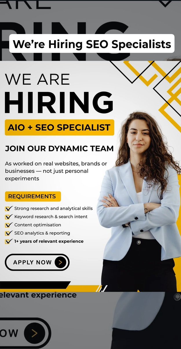 Asyncwave_AI's tweet photo. We’re hiring , AIO + SEO Specialist

We’re looking for someone who does more than just follow SEO checklists.

Someone who can research, understand search intent, optimise content, read the data, and turn insights into actual improvements.
#ContentMarketing #Asyncwave https://t.co/QEzL8YDAUp